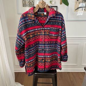Vintage 90s Charter Club Fleece Barn Jacket Bold Fair Isle Red XL